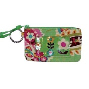 Vera Bradley Zip ID Case W/Key Ring Tutti Frutti Green/Pink/White GUC